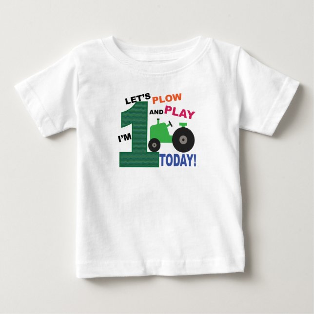T-shirt Pour Bébé Premier 1er anniversaire - tracteur vert labourer  (Devant)