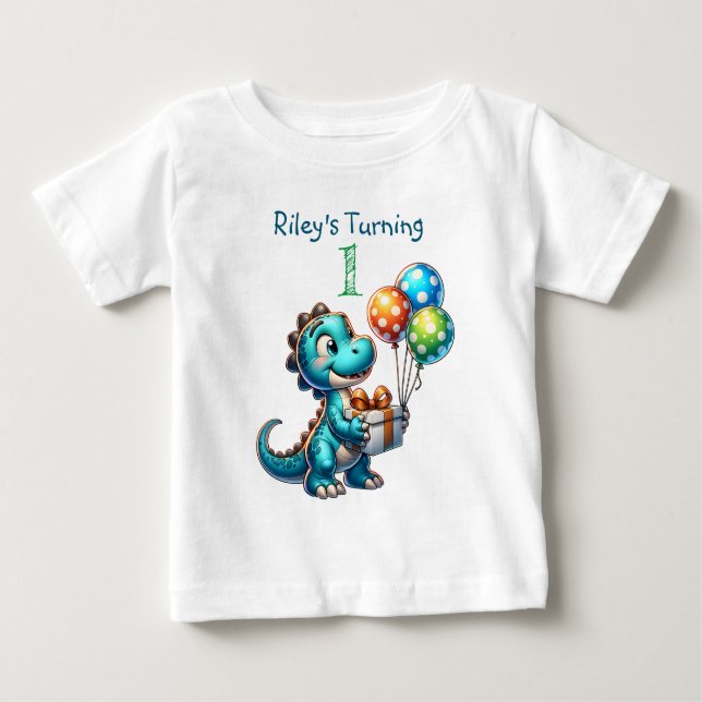 T-shirt Pour Bébé Premier anniversaire Boy Dinosaur Nom et âge (Devant)