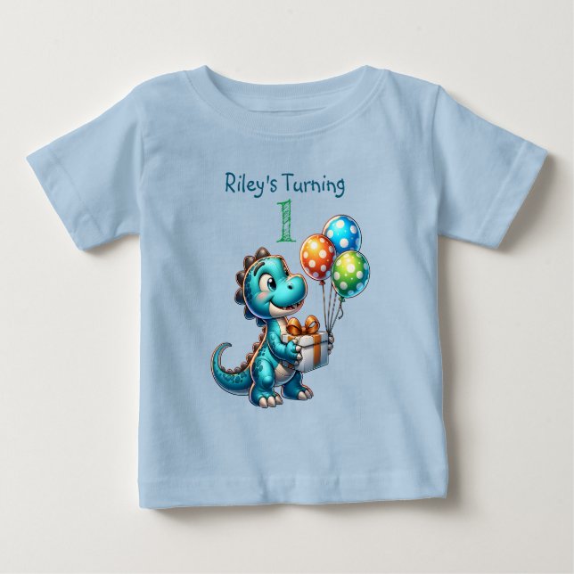 T-shirt Pour Bébé Premier anniversaire Boy Dinosaur Nom et âge (Devant)