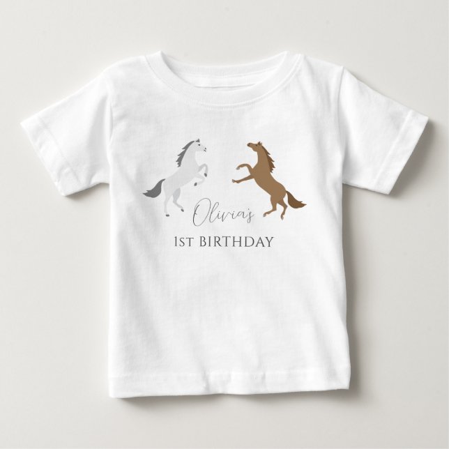 T-shirt Pour Bébé Premier Anniversaire Cowgirl Cheval Moderne (Devant)