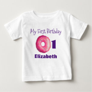 T-shirt Pour Bébé Premier Anniversaire De Donut Rose Avec Des Sauces