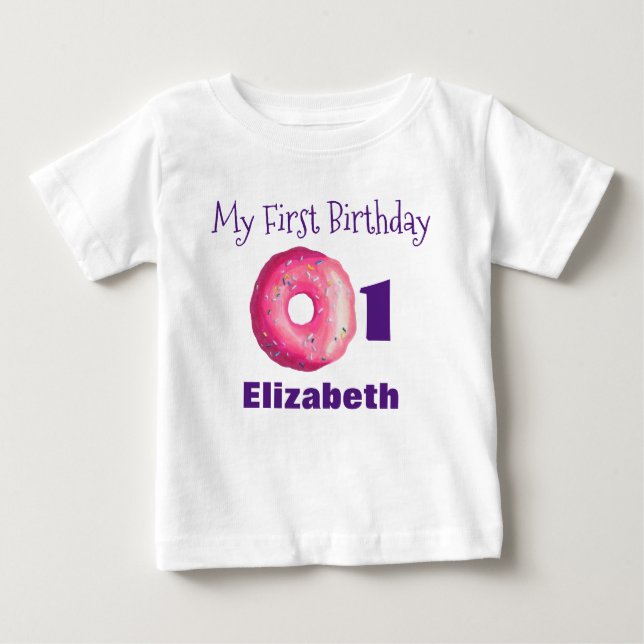 T-shirt Pour Bébé Premier Anniversaire De Donut Rose Avec Des Sauces (Devant)