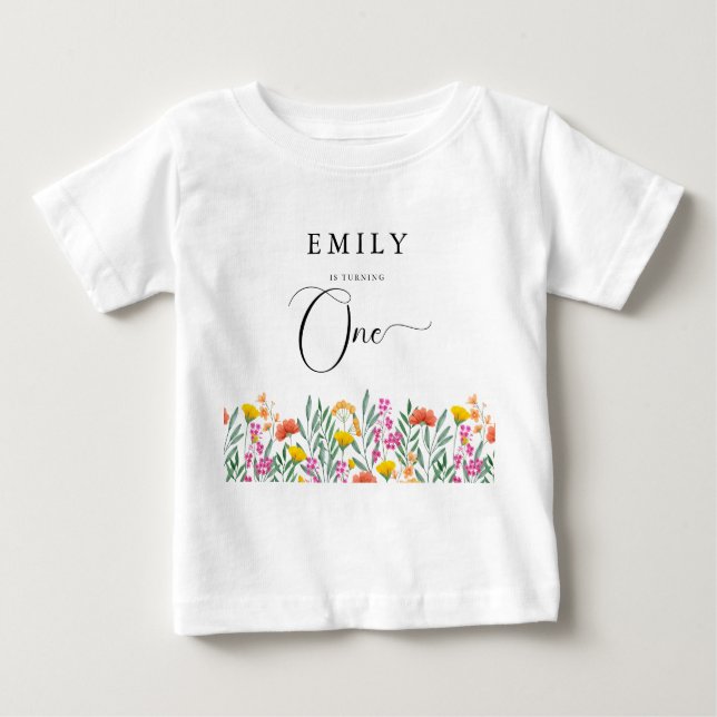 T-shirt Pour Bébé Premier Anniversaire de la Fille aux Fleurs Sauvag (Devant)