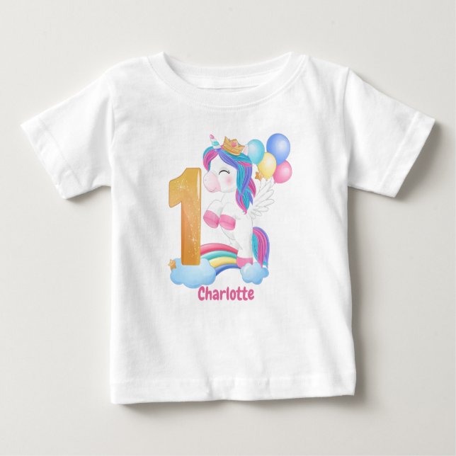 T-shirt Pour Bébé Premier anniversaire de l'Unicorne Rainbow (Devant)