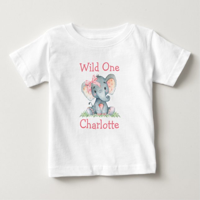 T-shirt Pour Bébé Premier anniversaire de Wild One Éléphant Rose Rub (Devant)