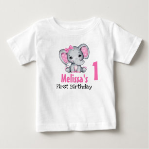 T-shirt Pour Bébé Premier anniversaire d'un éléphant bébé rose migno
