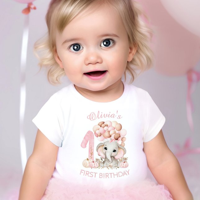 T-shirt Pour Bébé Premier Anniversaire Éléphant Mignon Fille Automne (First Birthday Cute Elephant Fall Girl T-Shirt)