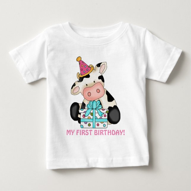 T-shirt Pour Bébé Premier anniversaire fille vache bébé t-shirt (Devant)