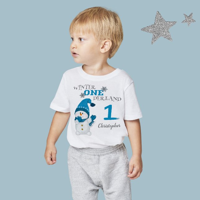 T-shirt Pour Bébé Premier anniversaire Hiver Onderland Snowman Boy (Créateur téléchargé)