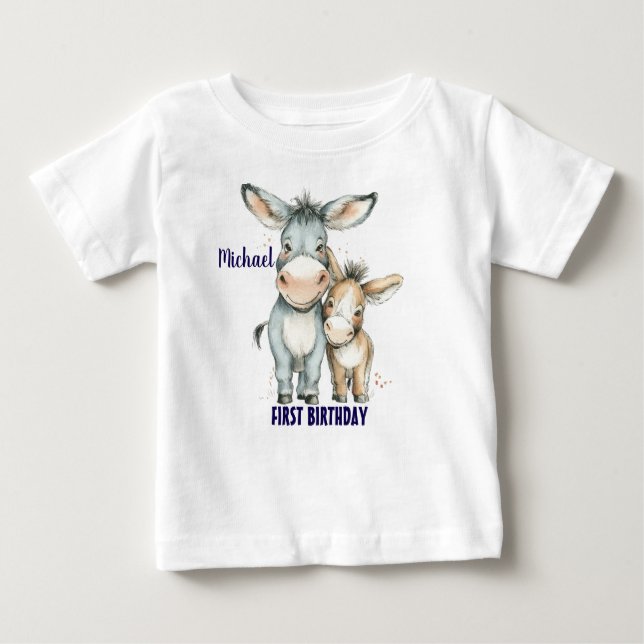 T-shirt Pour Bébé Premier anniversaire mignon ânes Personnaliser (Devant)