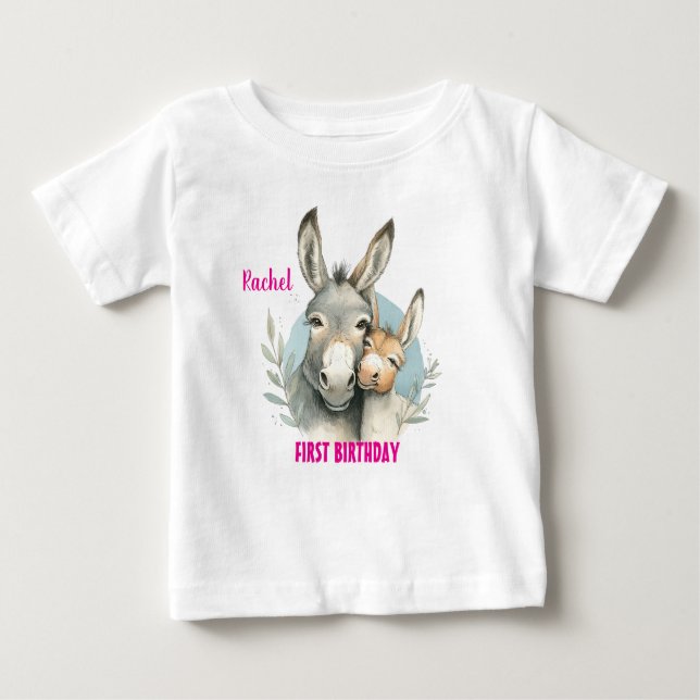 T-shirt Pour Bébé Premier anniversaire mignon ânes Personnaliser (Devant)