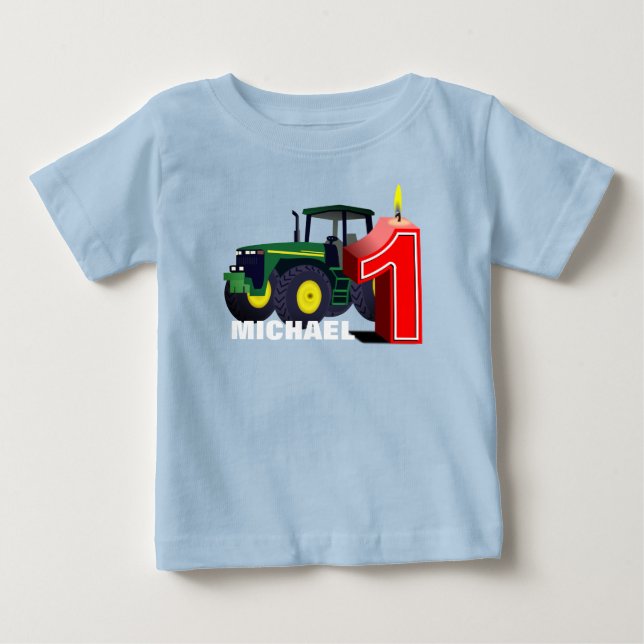T-shirt Pour Bébé Premier anniversaire personnalisé de tracteur vert (Devant)