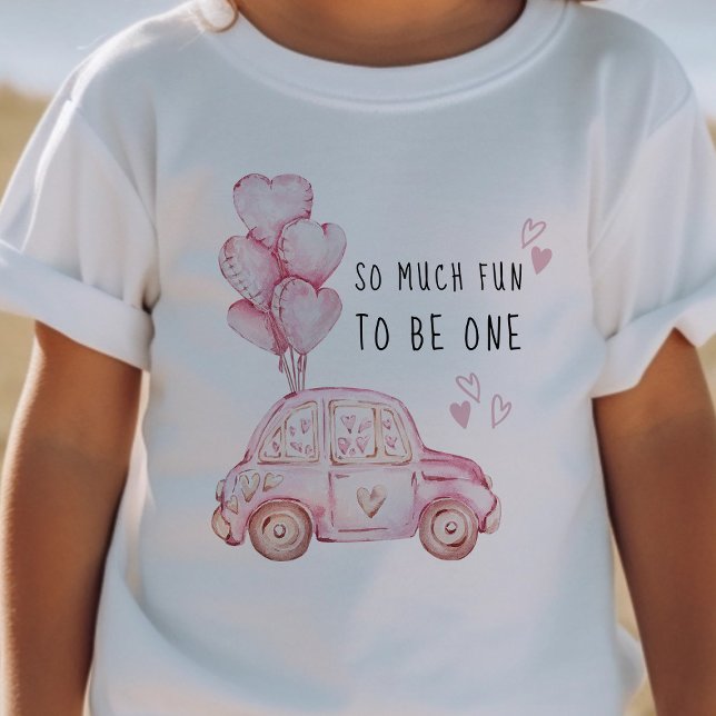T-shirt Pour Bébé Premier anniversaire Valentine rose ballons et voi (Girls First Birthday T-shirt - from my Car and Balloons Valentine Birthday Collection)