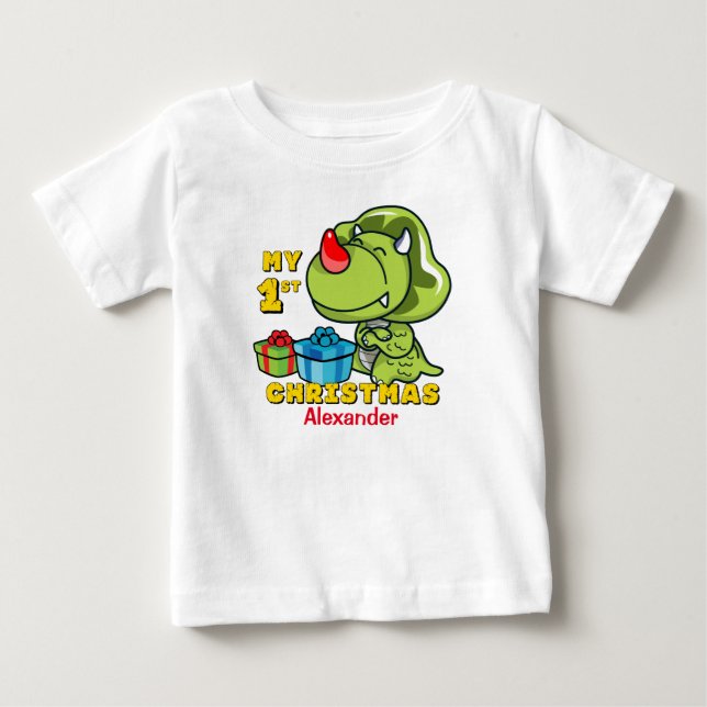 T-shirt Pour Bébé Premier Dinosaure de Noël personnalisé (Devant)