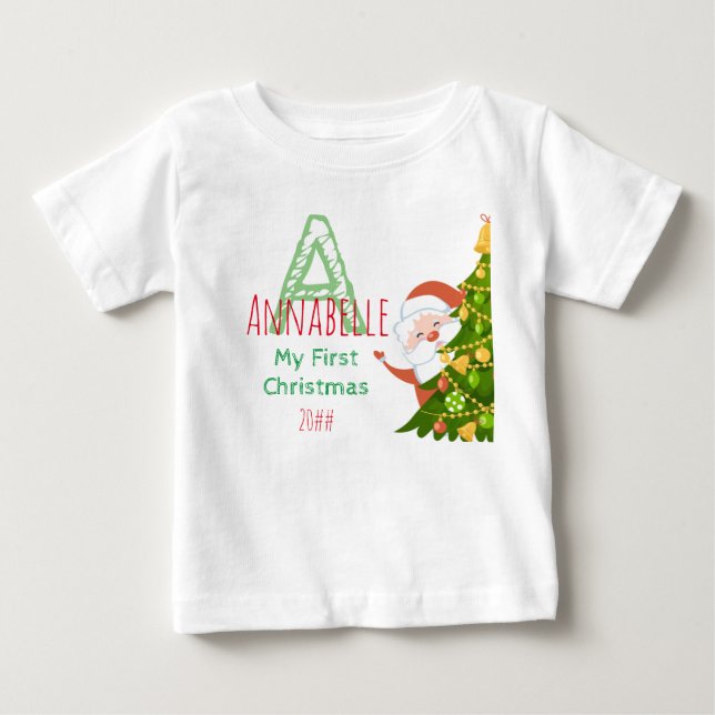 T-shirt Pour Bébé Premier monogramme vert de Noël (Devant)