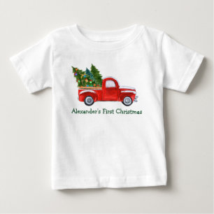 T-shirt Pour Bébé Premier Noël de bébé Camion Rouge Vert Nom
