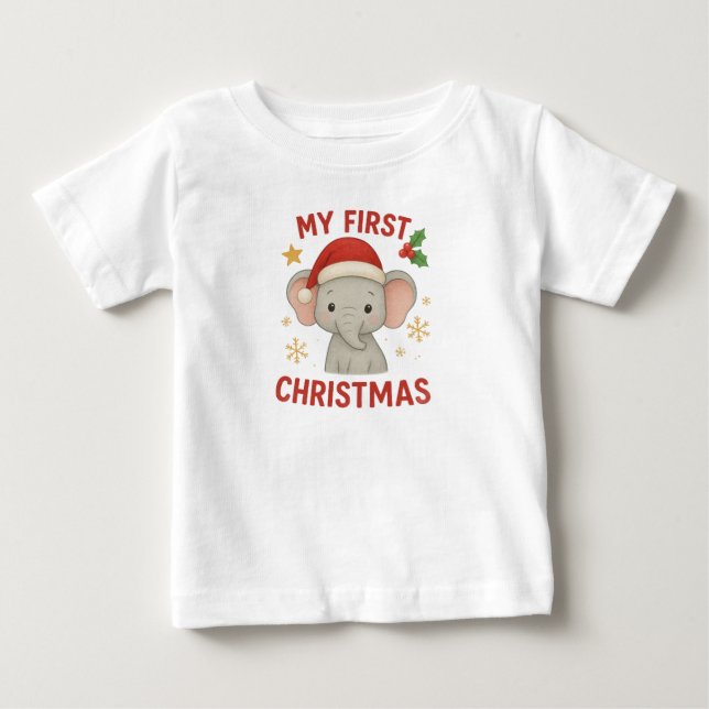 T-shirt Pour Bébé Premier Noël de bébé éléphant (Devant)