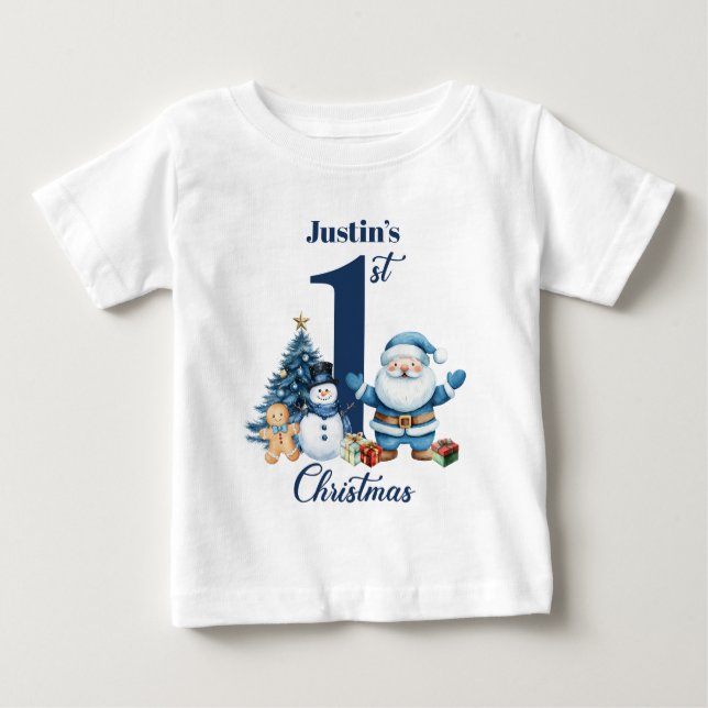 T-shirt Pour Bébé Premier Noël de bébé garçon personnalisé Père Noël (Devant)