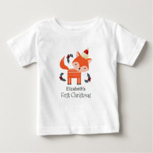 T-shirt Pour Bébé Premier Noël Renard Orange À Santa Hat Customisé