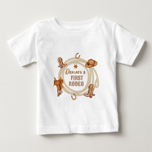 T-shirt Pour Bébé Premier Rodéo de Cowboy Anniversaire Genre Neutre (Devant)