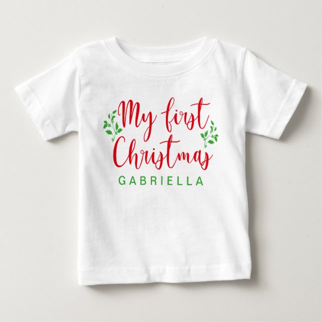 T-shirt Pour Bébé Première calligraphie rouge et verte de Noël du bé (Devant)