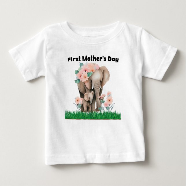 T-shirt Pour Bébé Première fête des mères éléphant mignon (Devant)