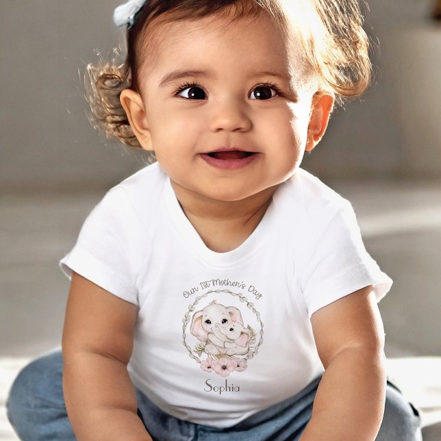 T-shirt Pour Bébé Première Fête des Mères Fille Eléphant Personnalis (First Mother's Day Girl Elephant Personalized Baby T-Shirt)