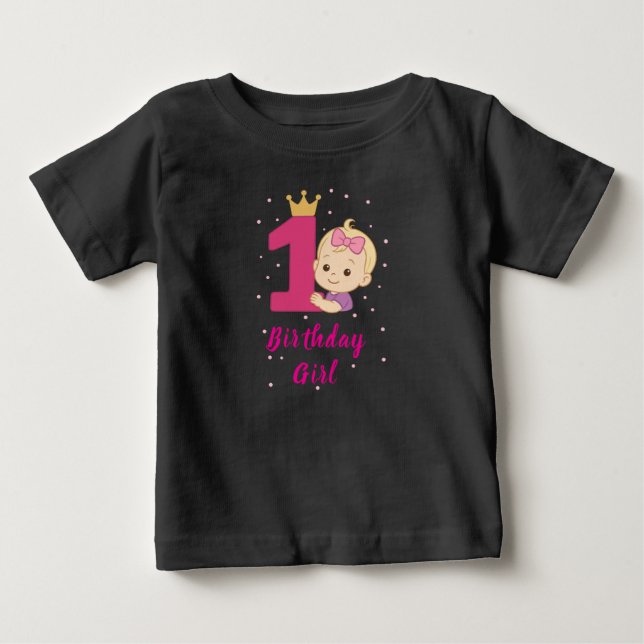 T-shirt Pour Bébé Première fille d'anniversaire avec Couronne et ros (Devant)