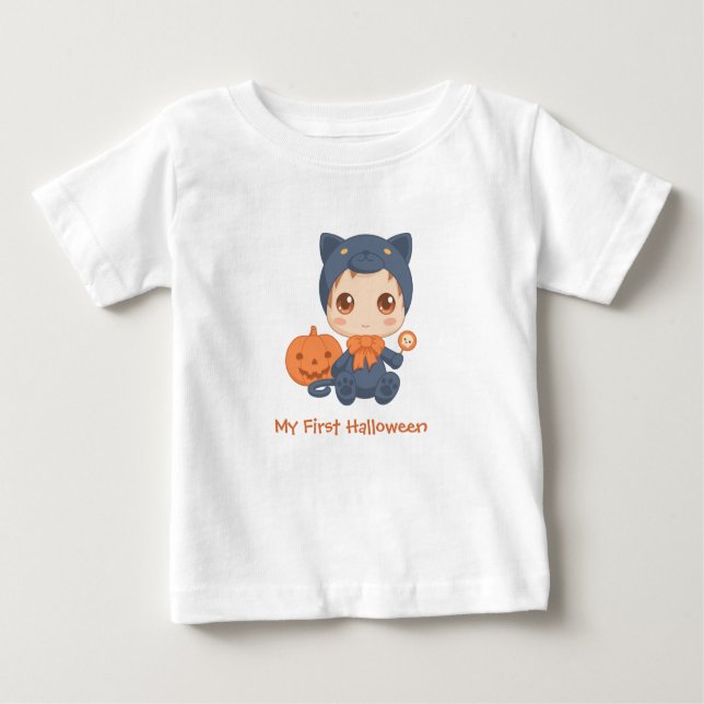 T-shirt Pour Bébé Première Halloween mignonne bébé noir costume de c (Devant)