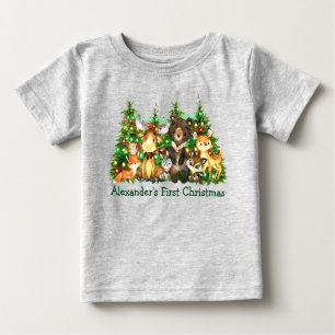T-shirt Pour Bébé Premières lumières de Noël Forêt Animaux Gris