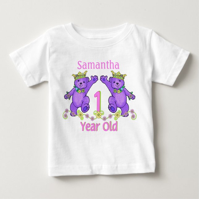 T-shirt Pour Bébé Princess Bears 1er anniversaire Nom personnalisé (Devant)