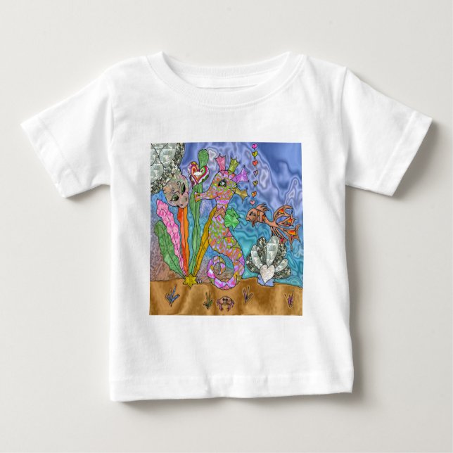 T-shirt Pour Bébé Psychedelic Seahorse Sea Turtle Art (Devant)