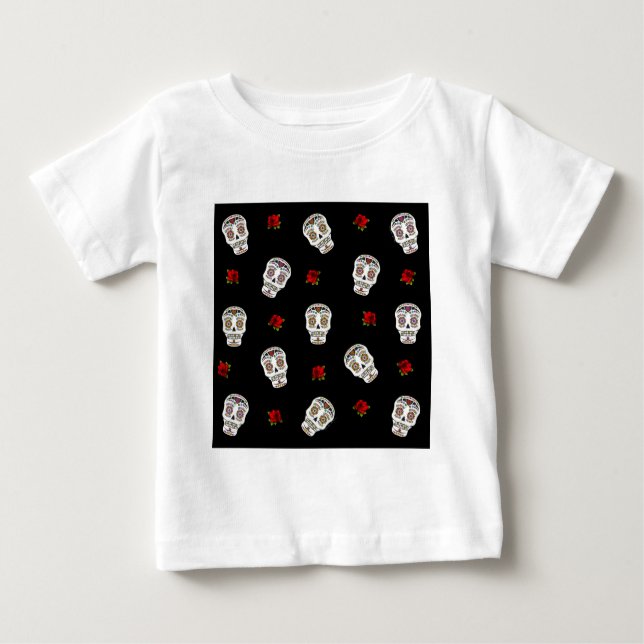 T-shirt Pour Bébé RAB Rockabilly Sugar Skulls Roses On Black (Devant)