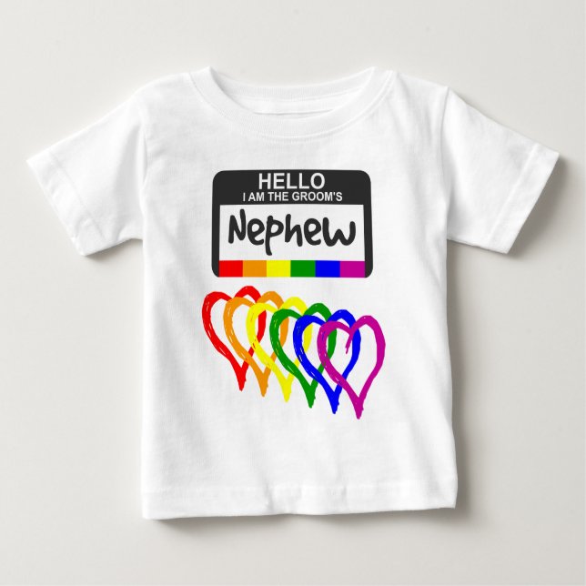 T-shirt Pour Bébé Rainbow Flag Hearts Groom Nephew Name Badge (Devant)