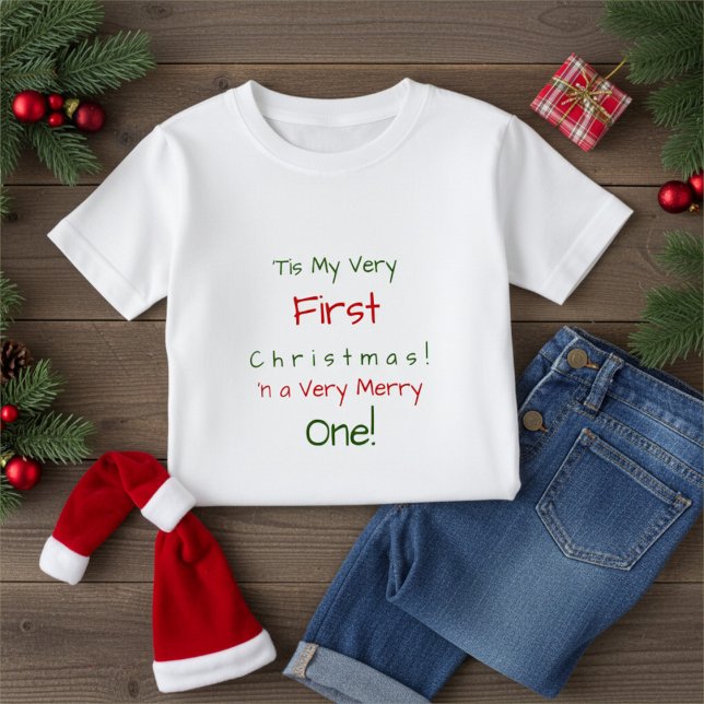 T-shirt Pour Bébé Red and Green Personalized First Baby Christmas (Créateur téléchargé)