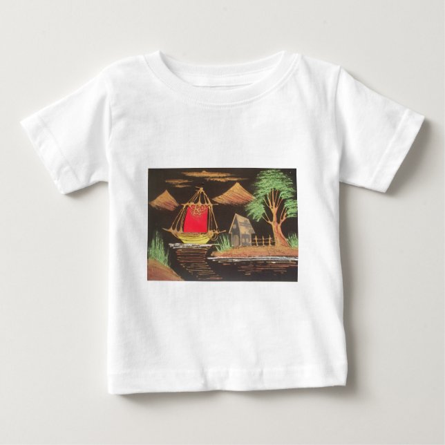 T-shirt Pour Bébé Red Sailboat Paysage peinture à l'huile Imprimer (Devant)