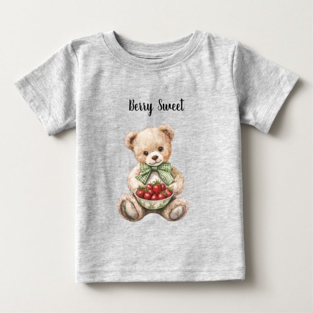 T-shirt Pour Bébé Red Strawberries Berry Sweet Green Bow Teddy Bear (Devant)