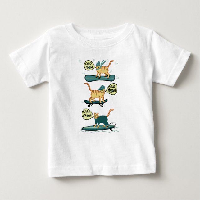 T-shirt Pour Bébé Regarde Meowt ! Skateboard Surf Snowboard Tabby Ca (Devant)