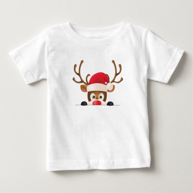 T-shirt Pour Bébé Reindeer in santa hat peeking out. (Devant)