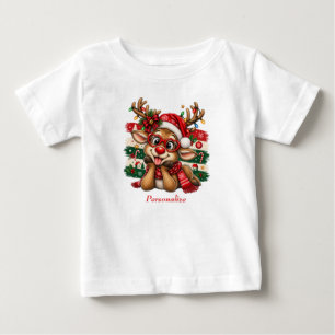 T-shirt Pour Bébé Renne de dessin animé mignon portant un chapeau de