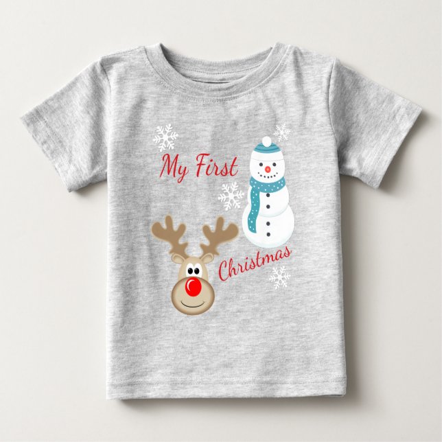 T-shirt Pour Bébé Renne Rudolph, Noël de bébé de bonhomme de neige (Devant)