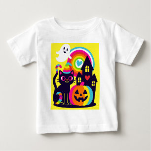 T-shirt Pour Bébé Retro Halloween Kawaii Chat noir, design Citrouill