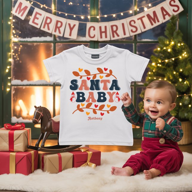 T-shirt Pour Bébé Retro Holiday Père Noël Baby Personnalisé (Retro Holiday Santa Baby Personalized Baby T-Shirt)