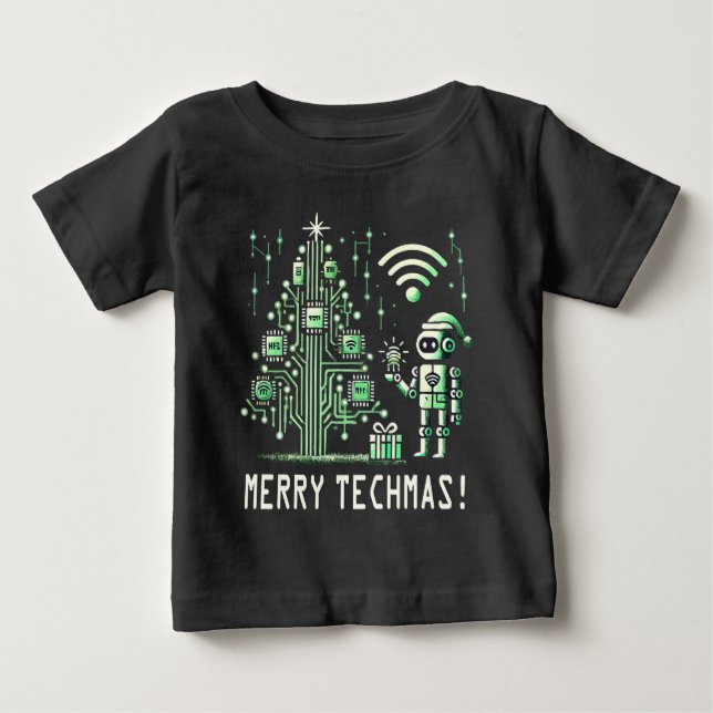 T-shirt Pour Bébé Robot IA avec arbre de Noël Tech - Joyeux Techmas (Devant)