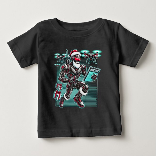 T-shirt Pour Bébé Robot Père Noël propulsé par IA avec drones et Noë (Devant)