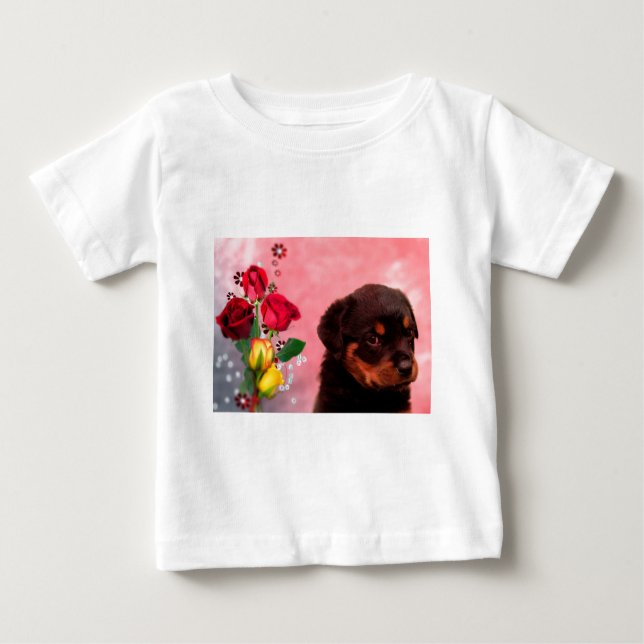 T-shirt Pour Bébé Robuste Chiot avec Fleurs Rouge et Jaune (Devant)
