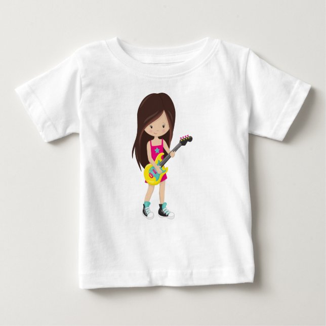 T-shirt Pour Bébé Rock Girl, Cheveux Brown, Joueur de guitare, Musiq (Devant)