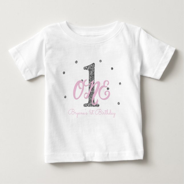 T-shirt Pour Bébé Rose & Silver Girls ONE 1er Anniversaire Party Cus (Devant)