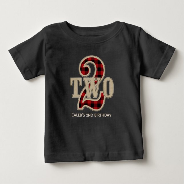 T-shirt Pour Bébé Rouge rustique Buffle noir Plaid 2e fête d'anniver (Devant)