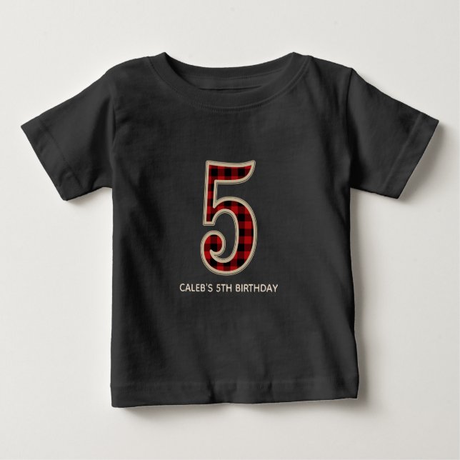 T-shirt Pour Bébé Rouge rustique Buffle Noir Plaid 5ème fête d'anniv (Devant)